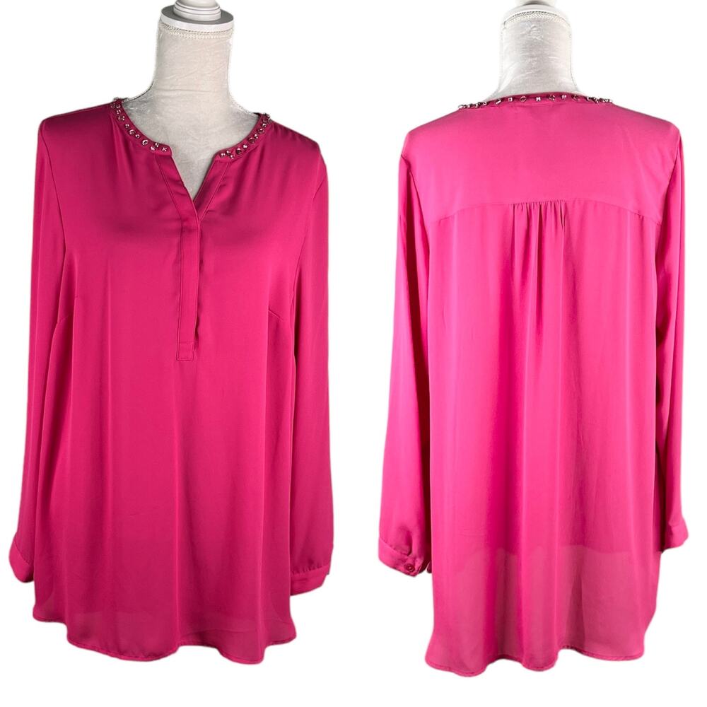 CJ Banks Blouse Fuchsia 14W X Pink Jeweled Long Sleeve New